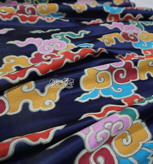 Dark Blue Auspicious Clouds Jacquard Fabric: Tibetan Style Costume Dress Material