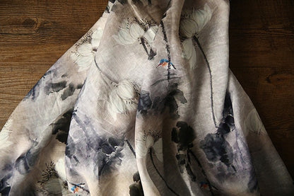 Floral Ramie Fabric: Gray Ancient Ink Painting, 57" Wide