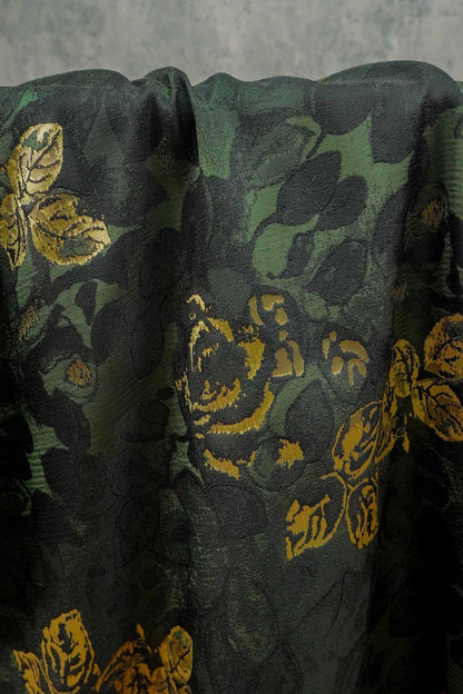 Green Jacquard Woven Fabric: 3D Gold Thread Embossed Texture, 61"W - Upholstery & Costume