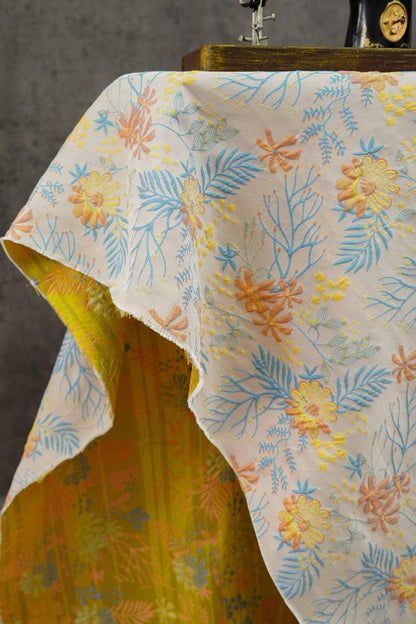 Reversible Jacquard Woven Fabric: Blue & Yellow Floral Upholstery, Costume, Decor - 64"W