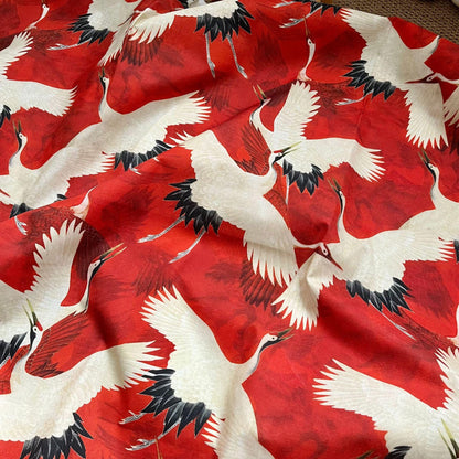 Crane Print Cotton Fabric: Red & White Textile, 59" Wide