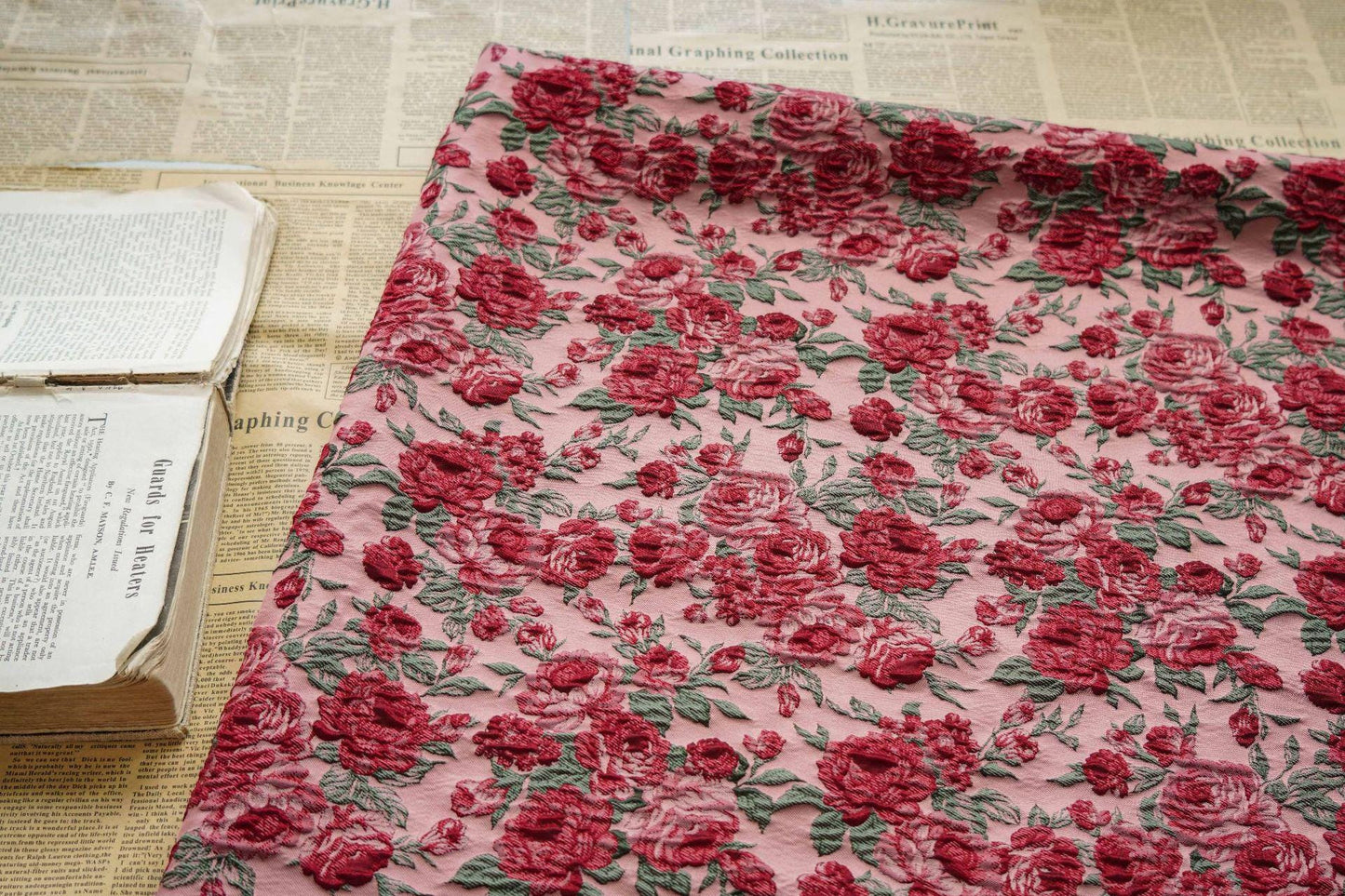 Red Rose Floral Brocade Fabric ��� Embossed Jacqua" Wide