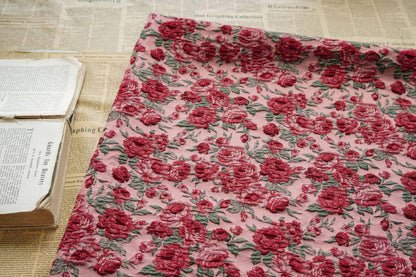 Red Rose Floral Brocade Fabric ��� Embossed Jacqua" Wide