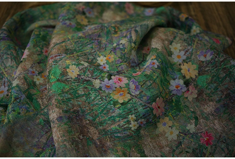 Tissu ramie nénuphar : imprimé floral léger, 140 cm de large