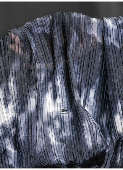 Black and White Tie-Dye Pleated Chiffon Fabric: 59"W Designer Dress Fabric