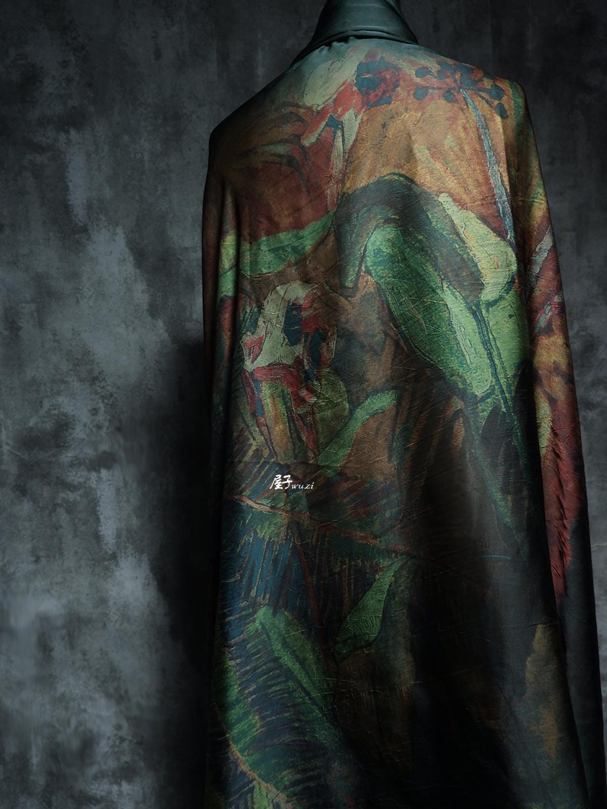 Dark Green Silk Satin Fabric: Dunhuang Pattern Sewing Material, 55"W