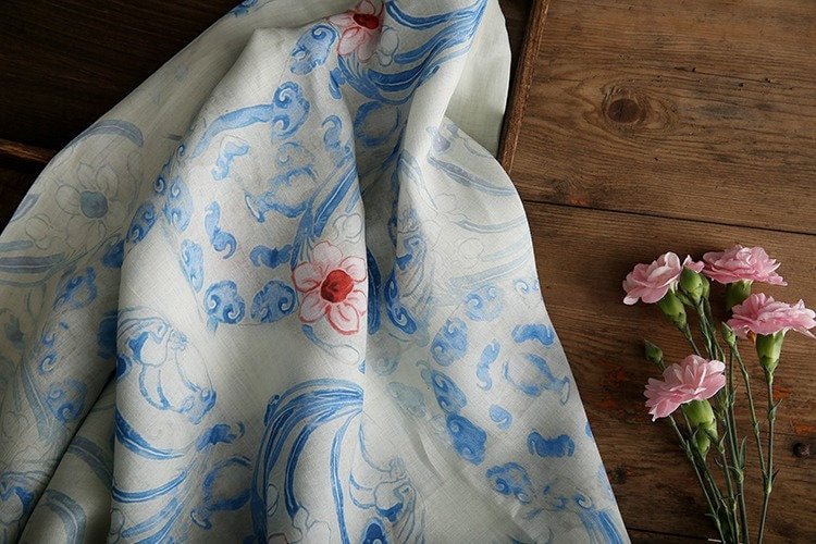 Buddha Cloud Print Ramie Fabric: Natural Fiber, 57" Wide - Poppylollipop