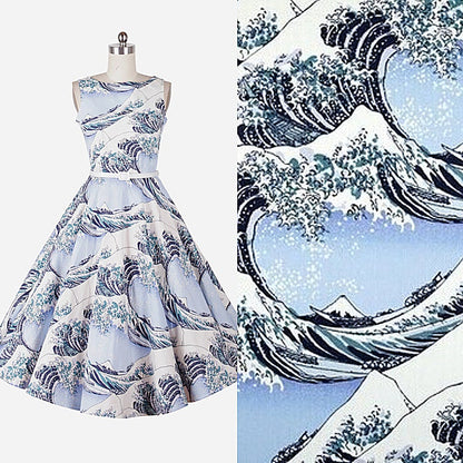 Japanese Waves Print Fabric: Cotton Spandex Blend, Sewing & Upholstery