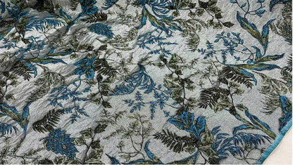 Tissu jacquard à motif de feuilles bleu paon : tissu d’ameublement et de costumes, 145 cm de large