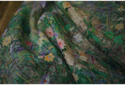 Tissu ramie nénuphar : imprimé floral léger, 140 cm de large