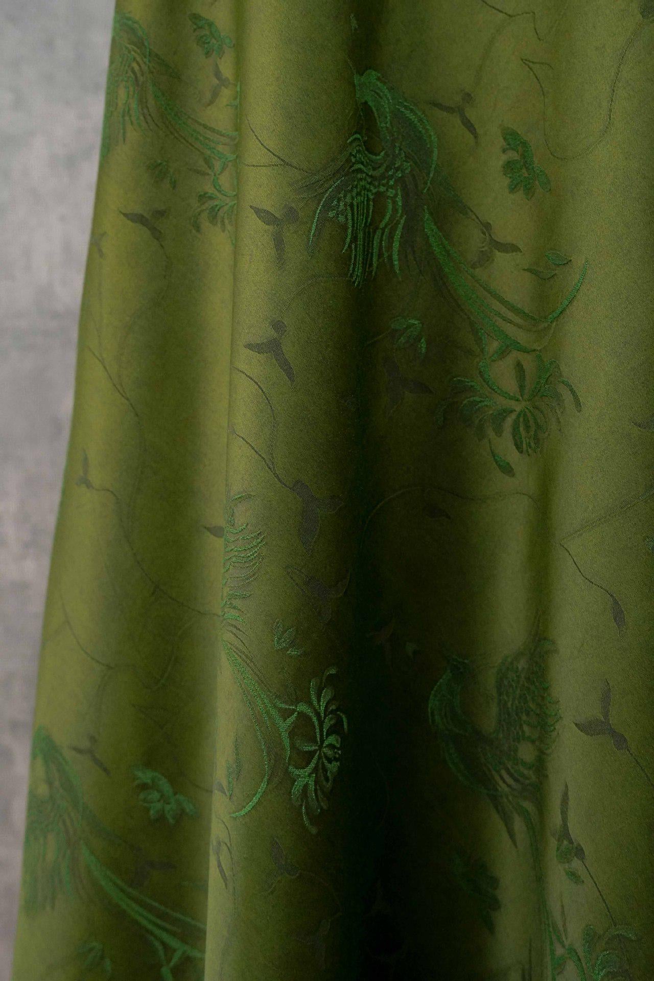 Dark Green Jacquard Fabric with Subtle Phoenix Pattern for Qipao Dressmaking, 54"Wide