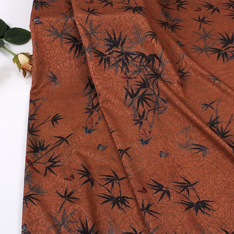 Red Peony & Bamboo Leaf Printed Chiffon Fabric ��� Elegant Flowing Materi"Wide