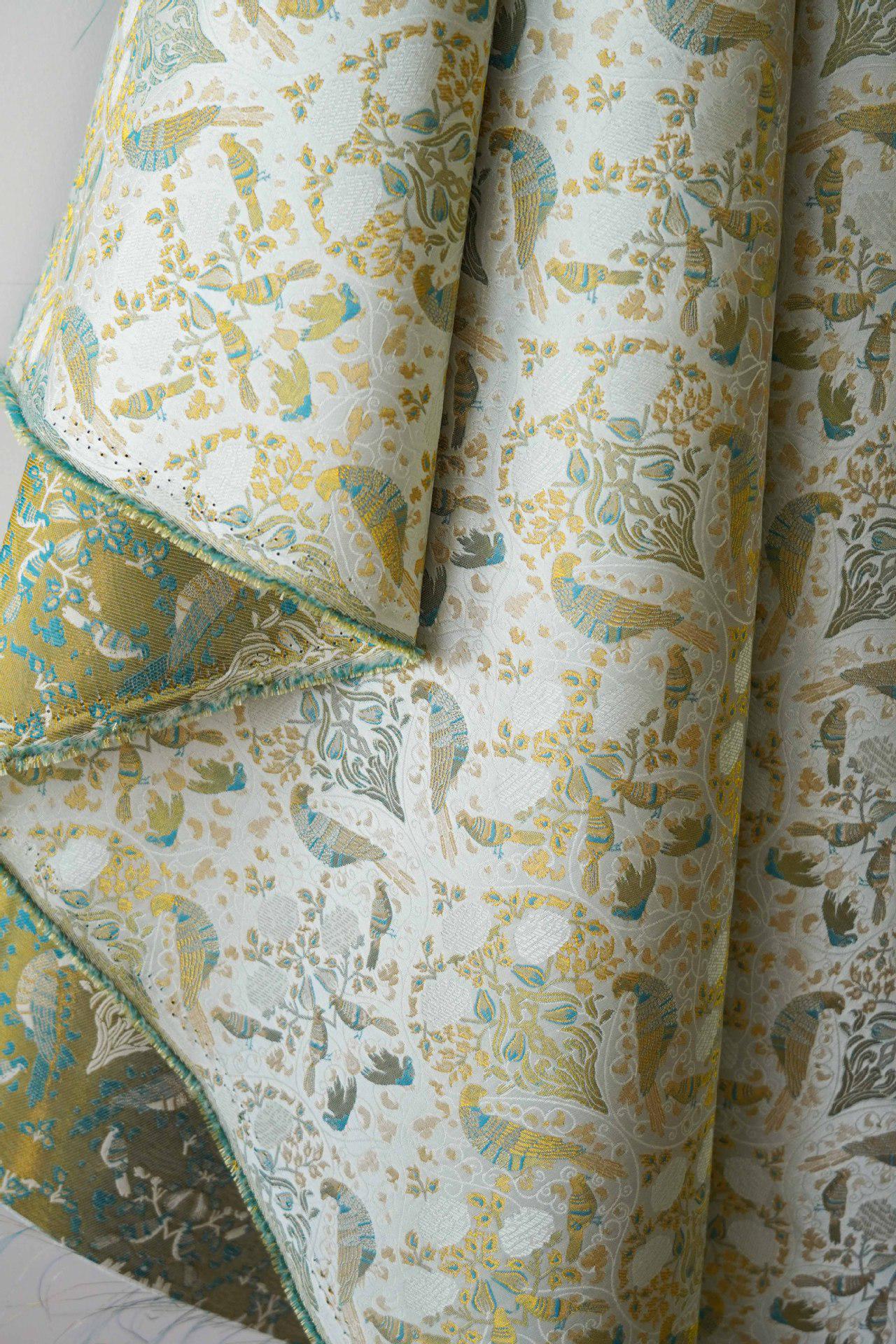 Gold Floral Bird Fabric: 58"W Rayon Blend Upholstery & Drapery