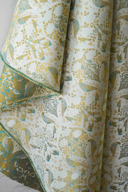 Gold Floral Bird Fabric: 58"W Rayon Blend Upholstery & Drapery