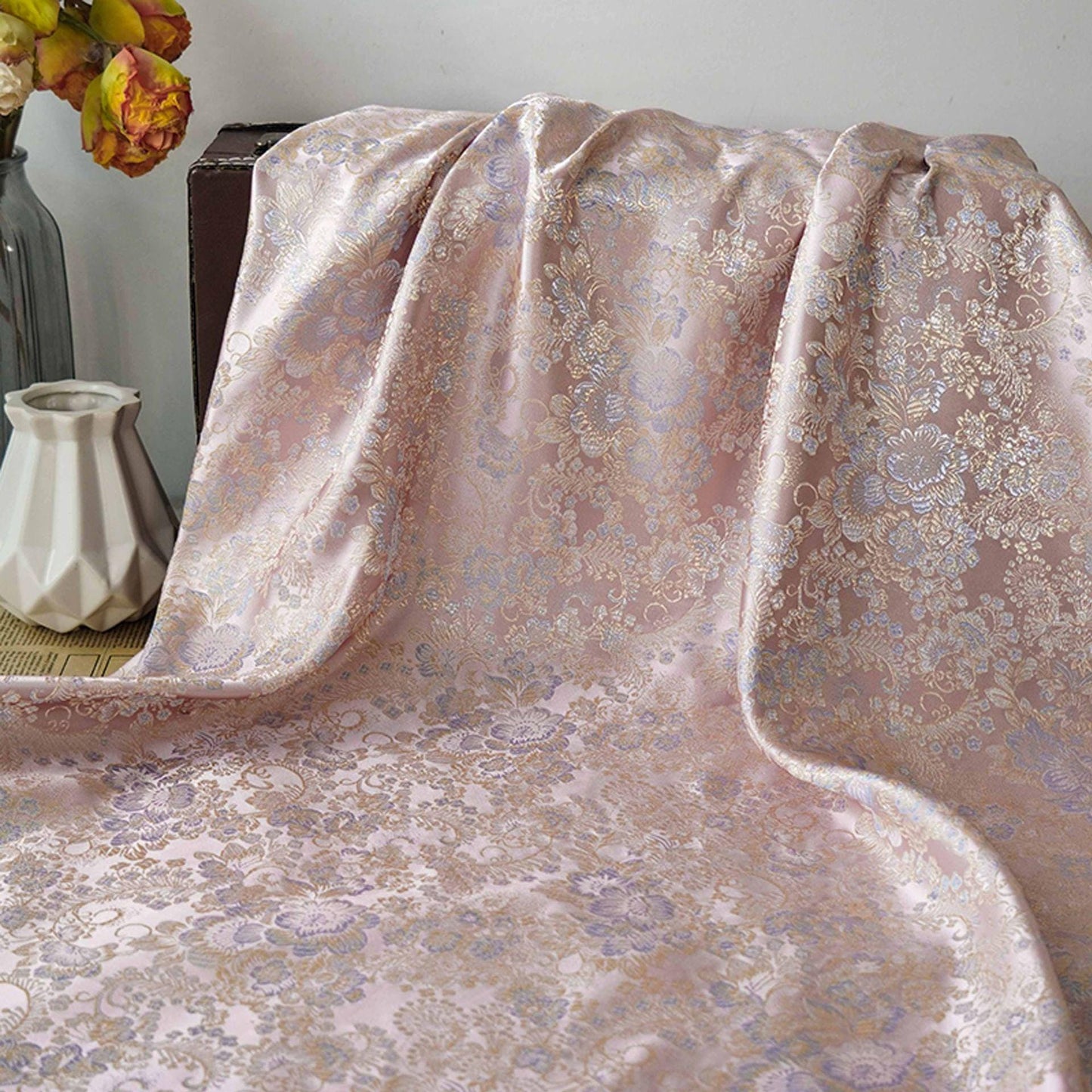 Light Pink Floral Damask Brocade Fabric: 59���W Sewing Ma
