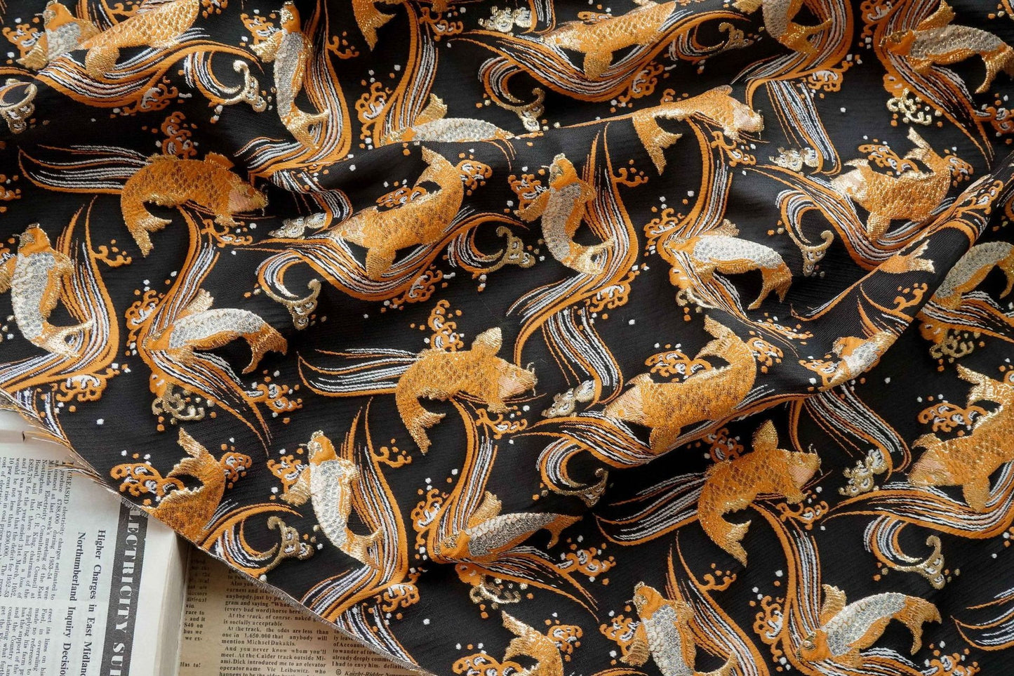 Nishijin Japanese Kinran Fabric: 3D Fish Jacquard Brocade (54" Width)