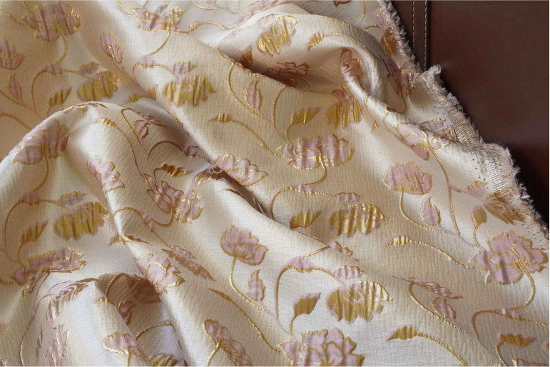 Floral Jacquard Woven Fabric: Gold Thread Embossed Upholstery, 57"W