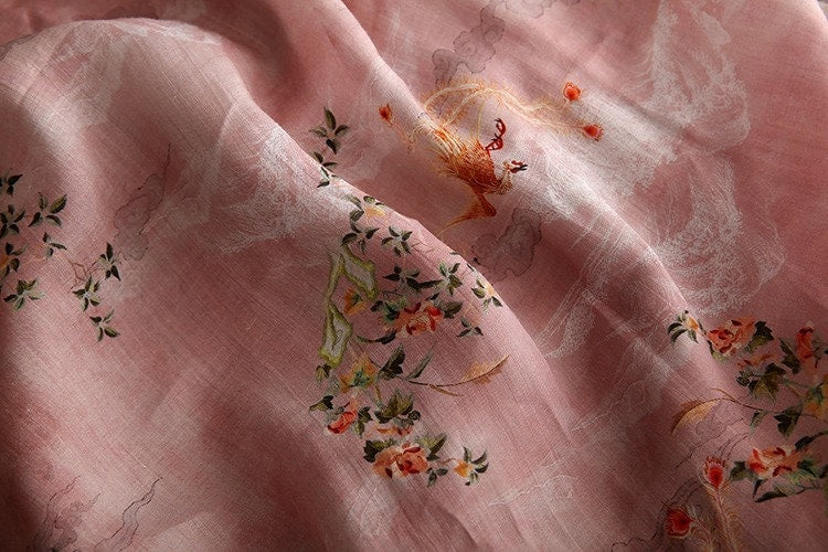 Light Pink Phoenix Print Ramie Fabric - 57"W - Sewing, Costume, Decor