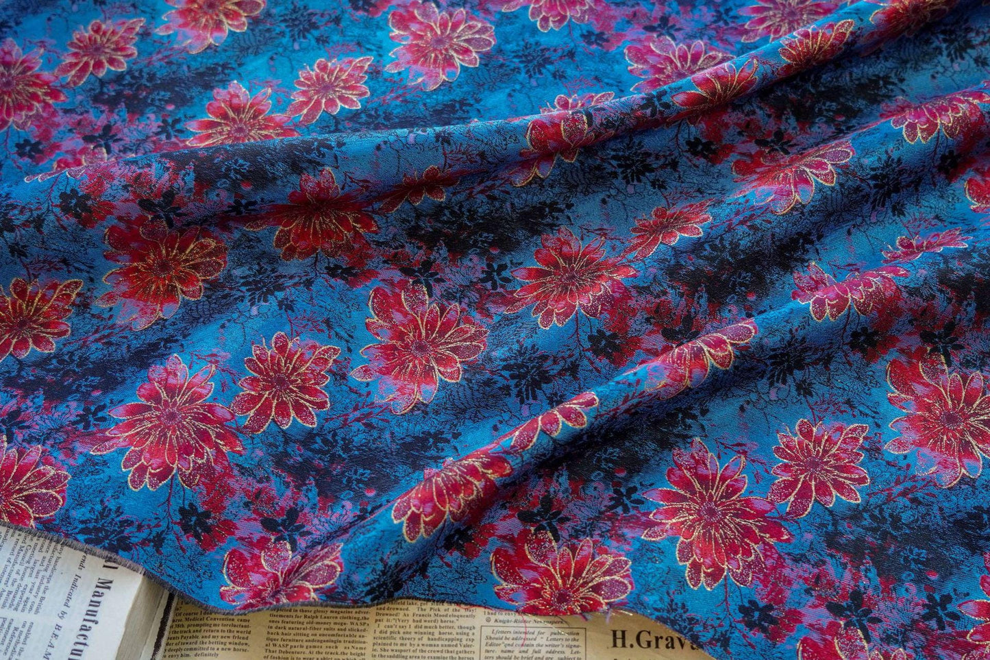 Gold Thread Floral Jacquard Fabric: Blue & Red Costume Dress Material