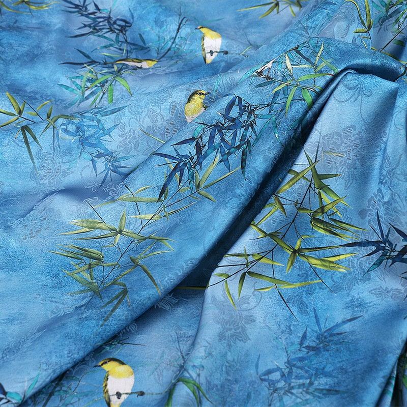 Bird & Tree Print Tea Silk Satin Fabric - 59"W Sewing Material