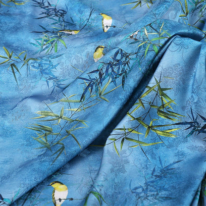 Bird & Tree Print Tea Silk Satin Fabric - 59"W Sewing Material
