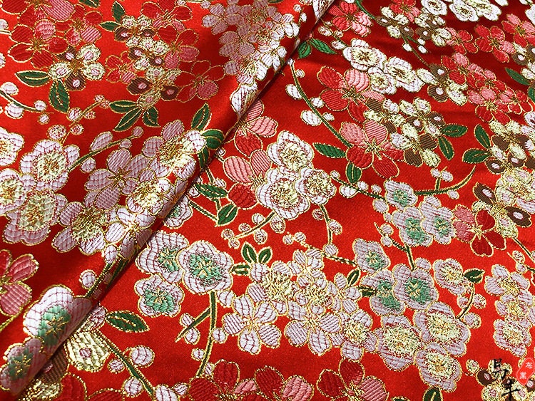 Red Cherry Blossom Brocade Fabric: Satin Jacquard Weave, 59"W