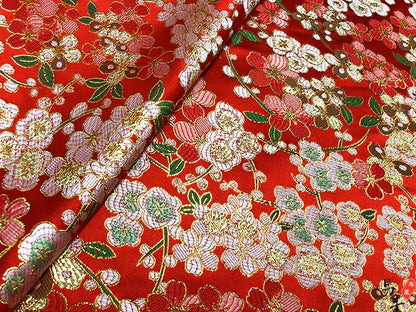 Red Cherry Blossom Brocade Fabric: Satin Jacquard Weave, 59"W