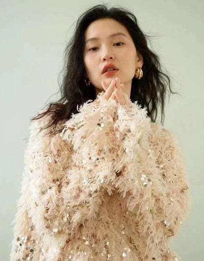 Beige Feather Sequin Embroidery Fabric: 49" Wide Costume Material