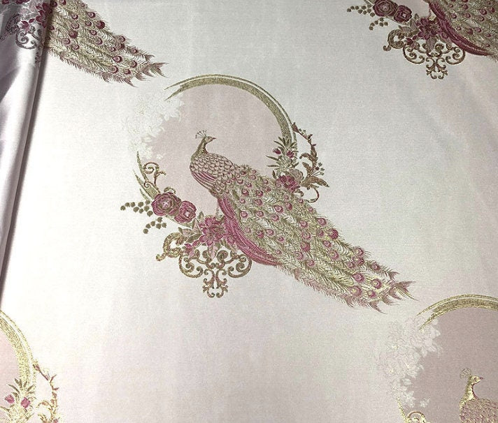 Metallic Damask Satin Fabric: 3D Peacock Jacquard, 56"W
