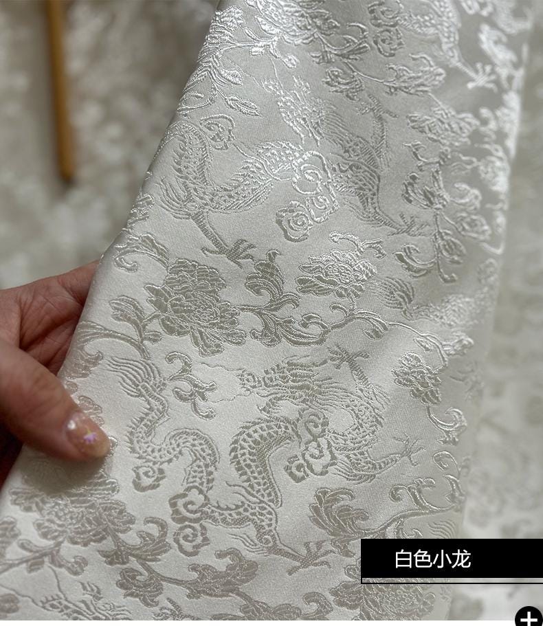 Milky White Silk Brocade Fabric: Metallic Dragon Pattern, 29.5" Wide