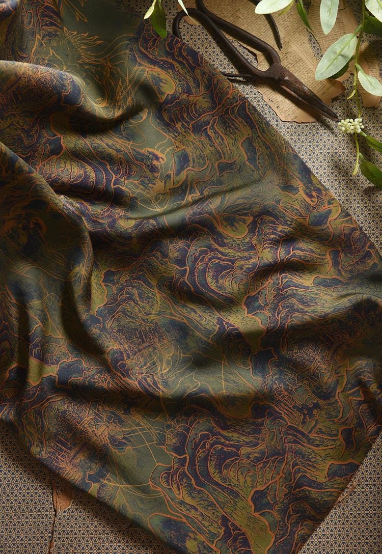 Mountains Ink Painting Cotton Fabric: Drapery, Upholstery, Costume - 55"W