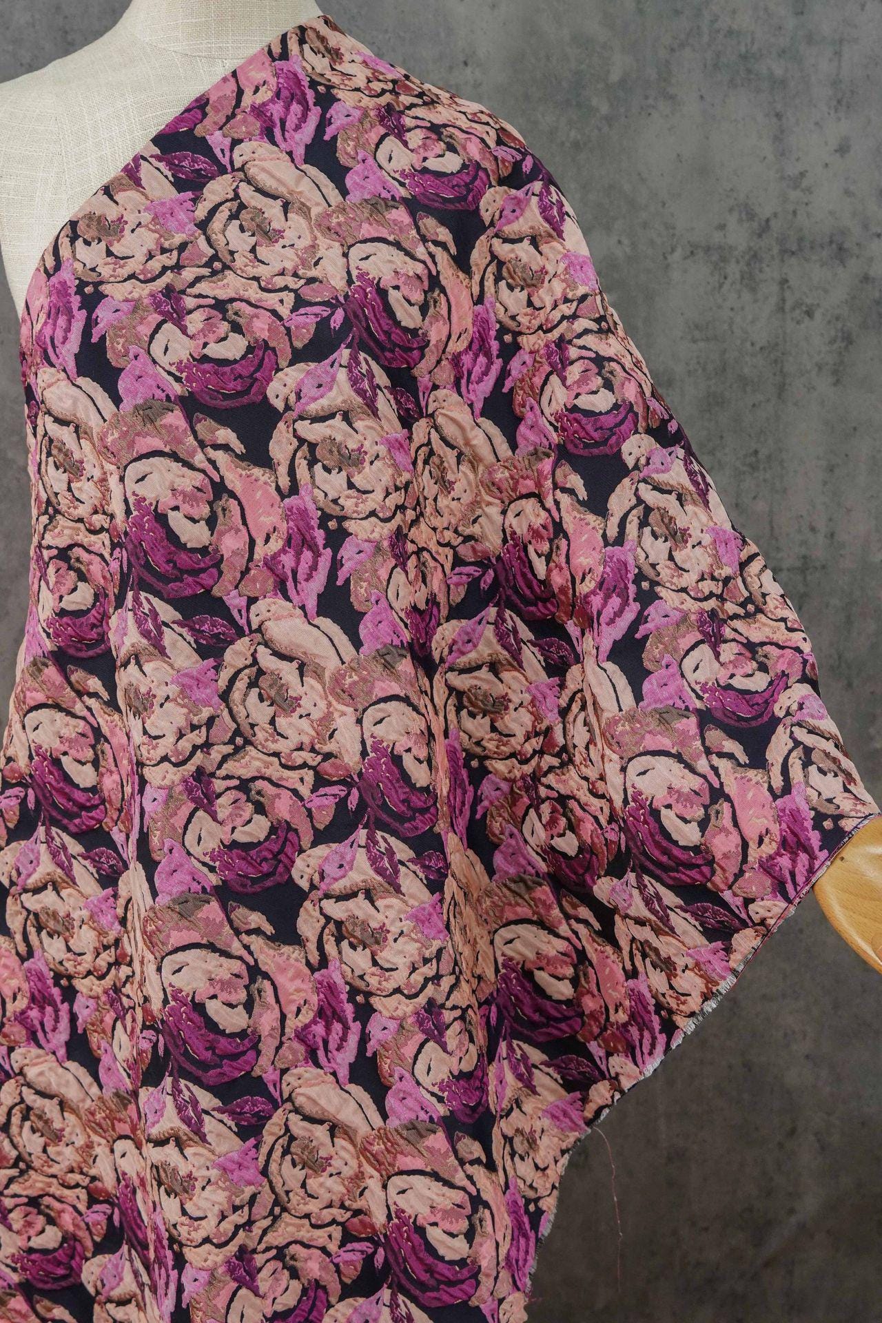 Embossed Rose Jacquard Fabric: Pink Purple Floral Brocade (60" Wide)