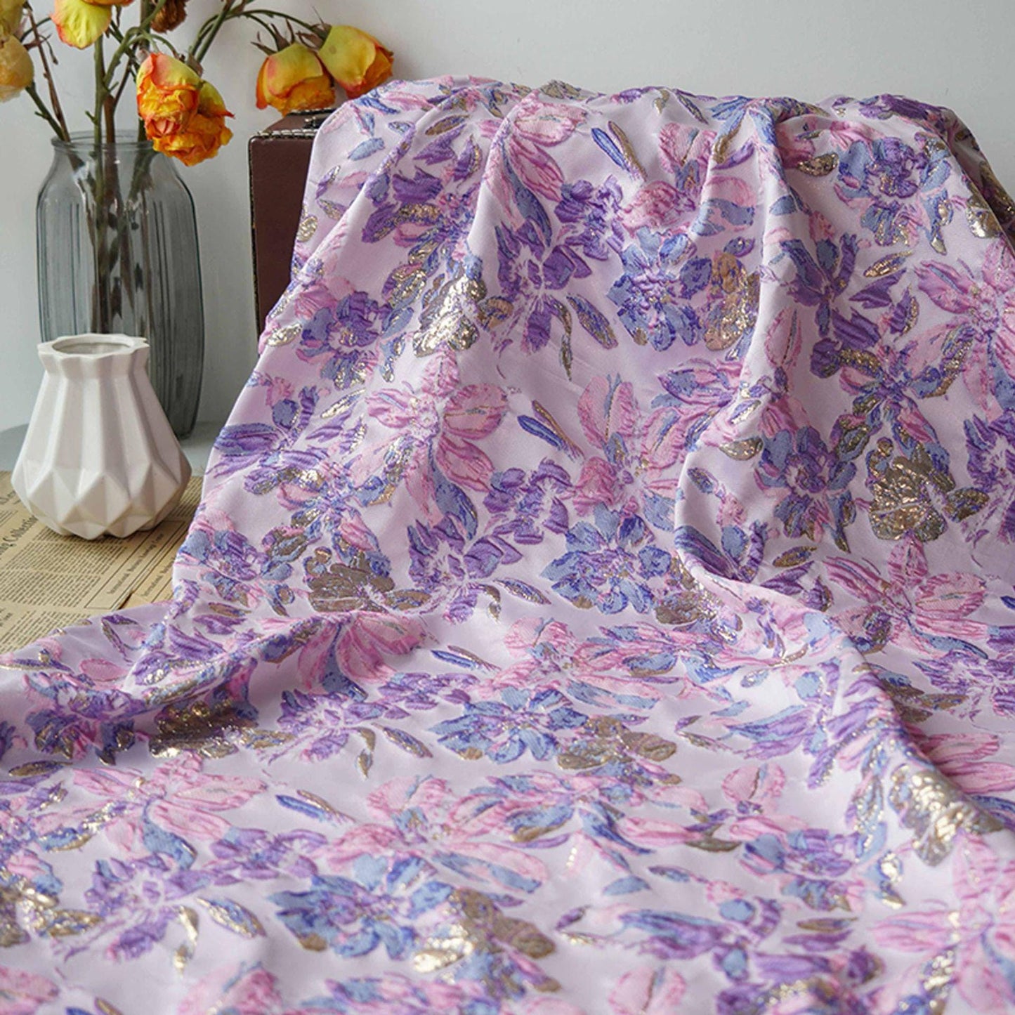 Gold Thread Floral Jacquard Fabric: Pink Purple 3D Designer Fabric, 55"W