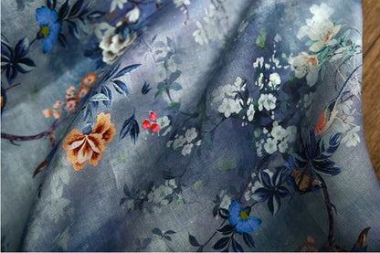 Floral Bird Print Ramie Fabric: Sustainable Apparel & Home Decor, 55"W