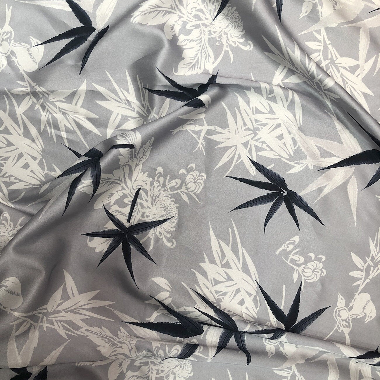 Bamboo Print Satin Fabric: 59"W Polyester Blend, Dressmaking Material