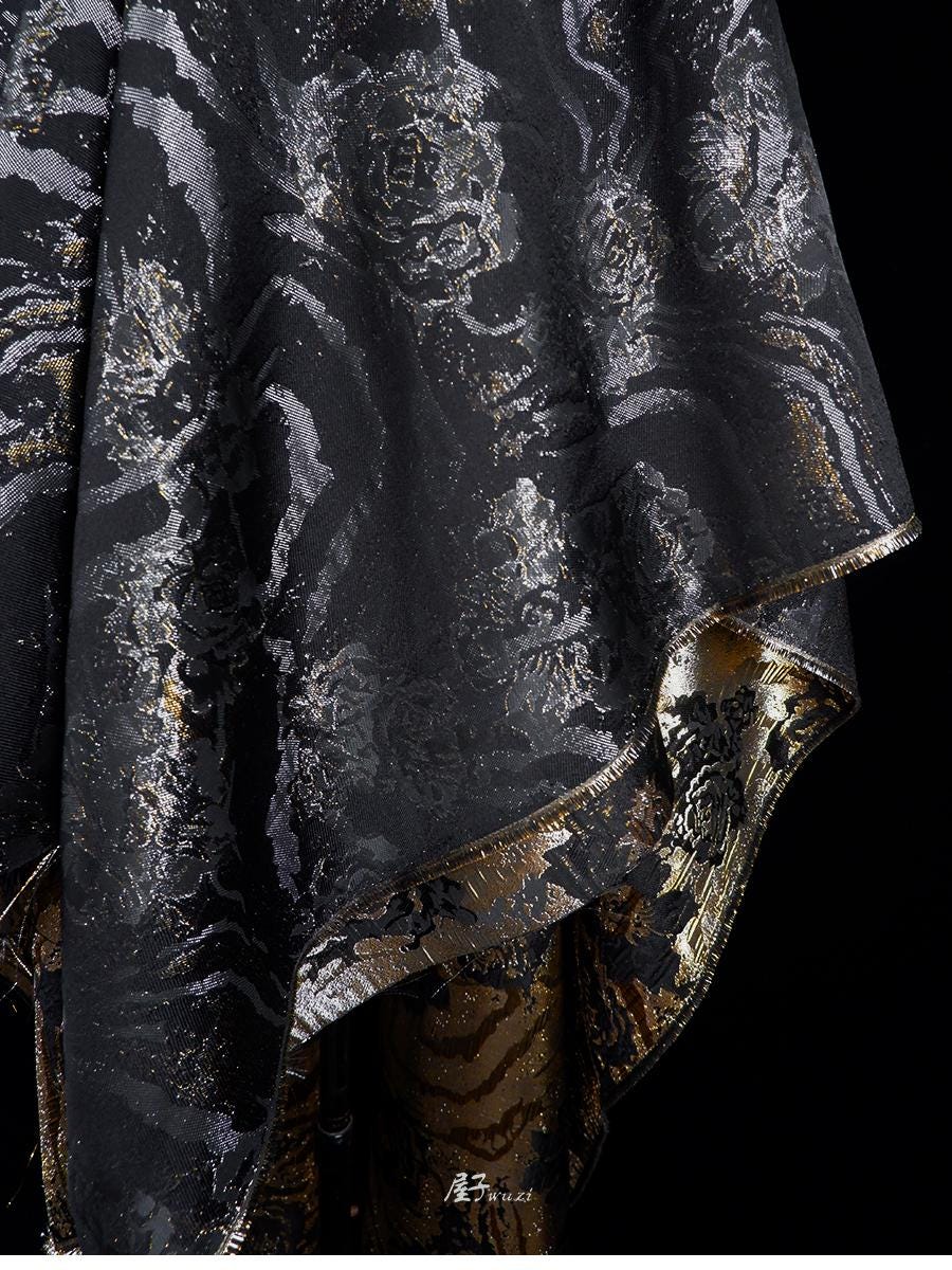 Gold & Silver Rose Polyester Fabric: Shiny Designer Material, 45"W