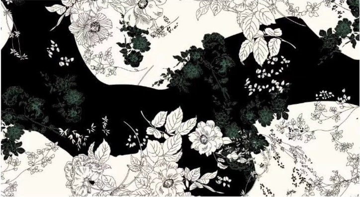 Floral Herringbone Satin Fabric: Black & White Print, 59" Wide