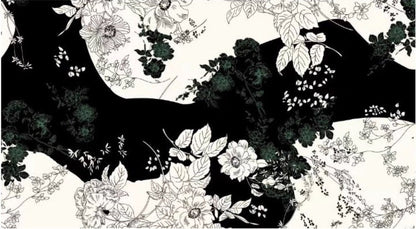 Floral Herringbone Satin Fabric: Black & White Print, 59" Wide