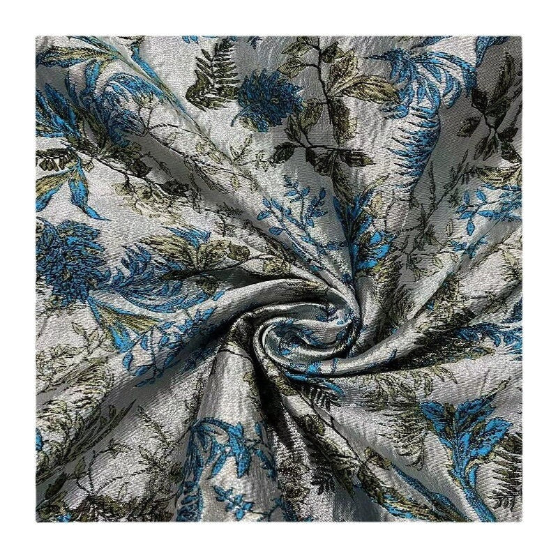 Tissu jacquard à motif de feuilles bleu paon : tissu d’ameublement et de costumes, 145 cm de large