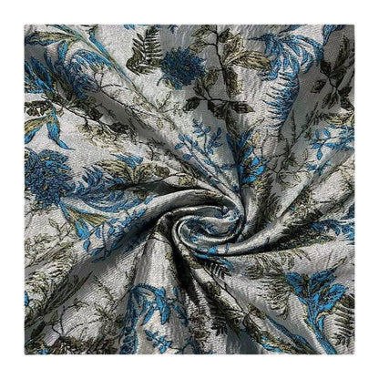 Tissu jacquard à motif de feuilles bleu paon : tissu d’ameublement et de costumes, 145 cm de large