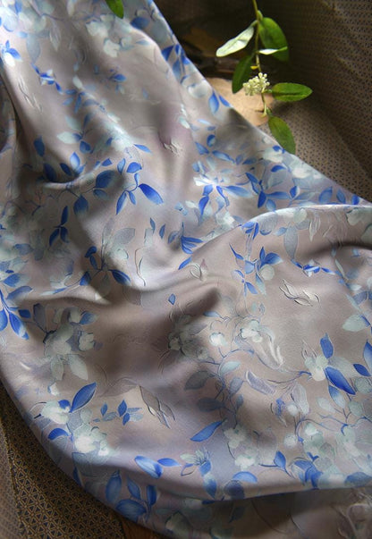 Gray Blue Cotton Sateen Fabric: Snowy Elegance Print, 55" Wide