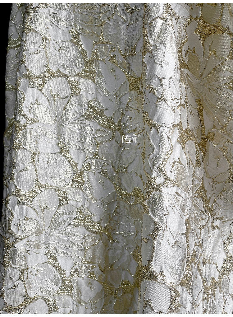 Gold Embossed Jacquard Fabric: 53"W Floral Upholstery Fabric