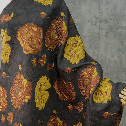 Embossed Jacquard Fabric: Retro 3D Yellow Brown Upholstery, Dress, Curtain - 53"W