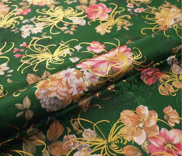 Chrysanthemum Silk Brocade Fabric: 59"W Floral Damask, Upholstery & Sewing