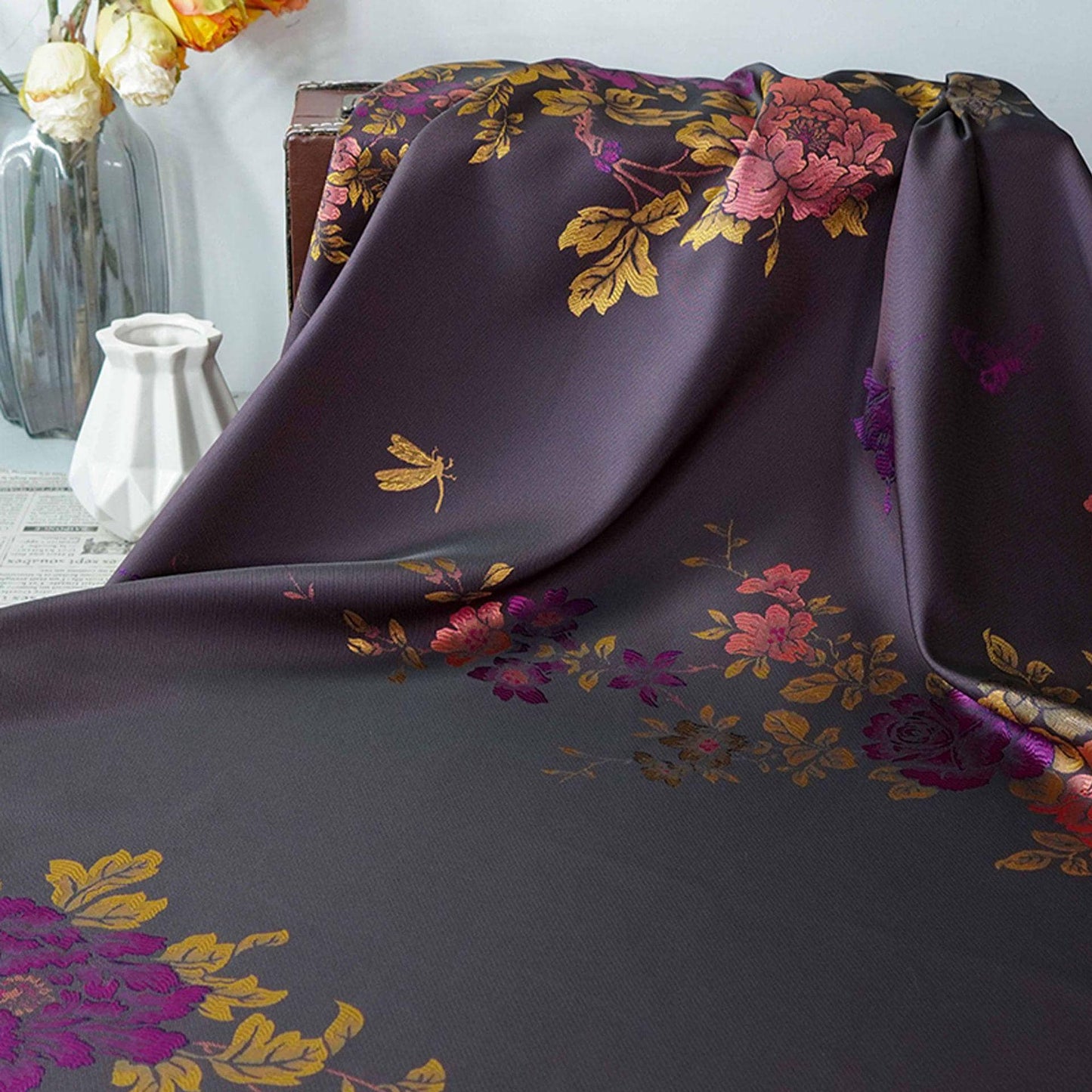 Luxury Peony Jacquard Fabric ��� Woven Dress Apparel Material ��� Elegant Chinese Brocade, Decorative Textile for Gowns "Wide