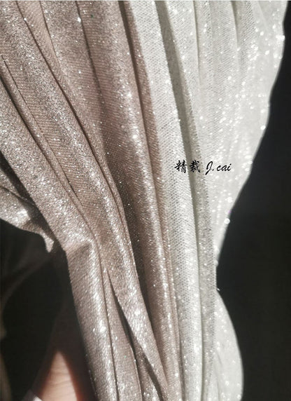 Silver Glitter Pleated Knitted Fabric: 59"W Crepe Cosplay Fabric