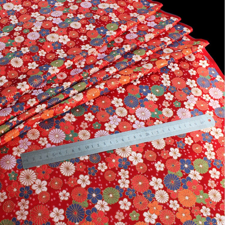 Japanese KINRAN Floral Fabric: Black Silk Rayon Blend, 59" Wide