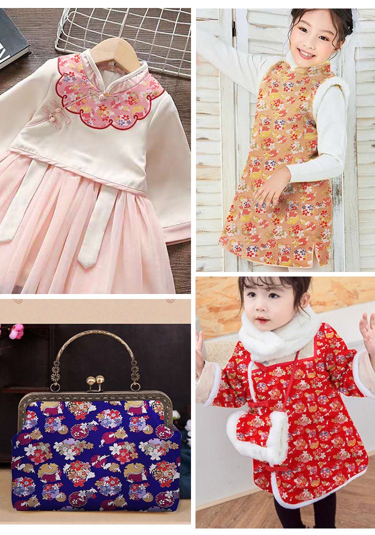 Tissu brocart jacquard Sakura Rabbit : rouge, rose, or, bleu (au mètre)
