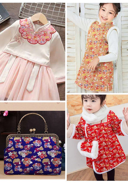 Tissu brocart jacquard Sakura Rabbit : rouge, rose, or, bleu (au mètre)
