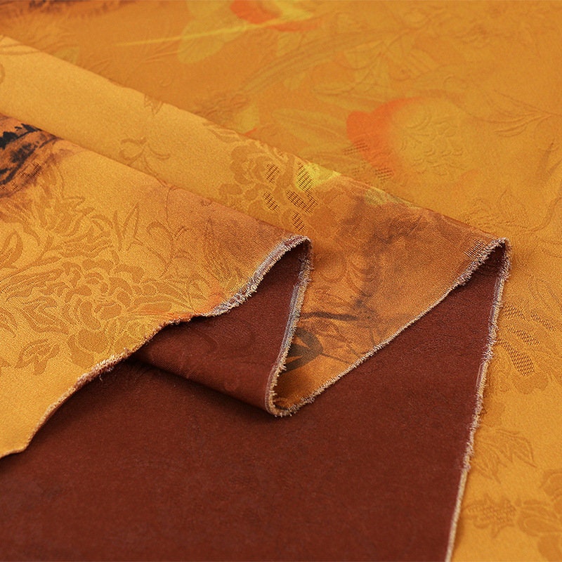 Peach Teal Tea Silk Satin Fabric: Floral Print, 59" Wide